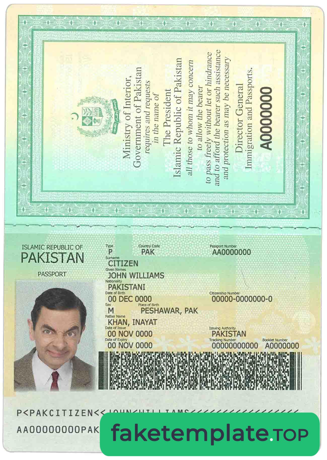 Feature of fake Pakistan passport example